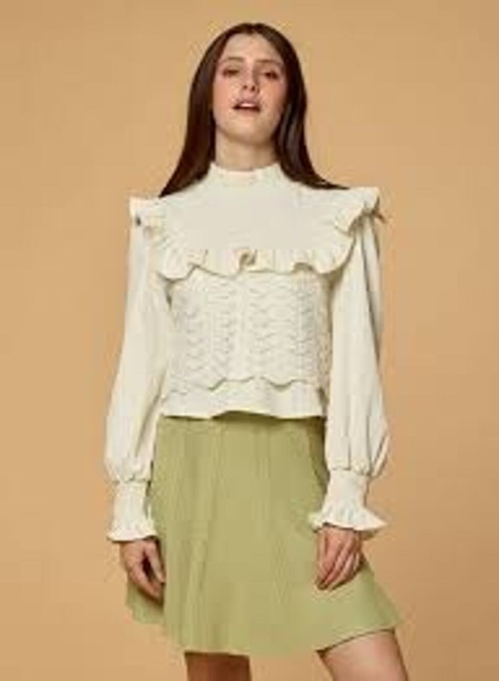 S 4 Urban Revivo cream-colored sheer layered knit vest overlay ruffle romantic